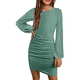 MITILLY Girls Fall Dress Long Sleeve Formal Short Dress with Slit Ruched Bodycon Party Prom Dance Graduation Fancy 8-14 Years