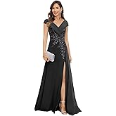 Dansiuey Lace Applique Mother of The Bride Dresses for Women Long Cap Sleeves Ruched Formal Dress with Slit