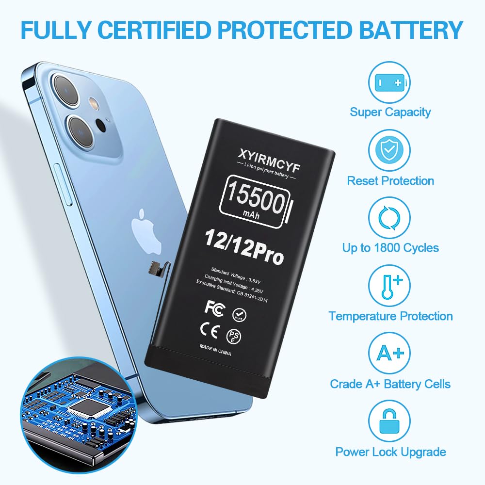15500mAh Super Capacity Battery Compatible with iPhone 12/12 Pro, 0 Cycle Li-Polymer Replacement Battery for iPhone 12/12 Pro, with Professional Repair Tool Kit
