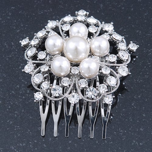 Bridal/ Wedding/ Prom/ Party Rhodium Plated Austrian Clear Crystal, Synthetic Pearl 'Open Flower' Hair Comb - 55mm