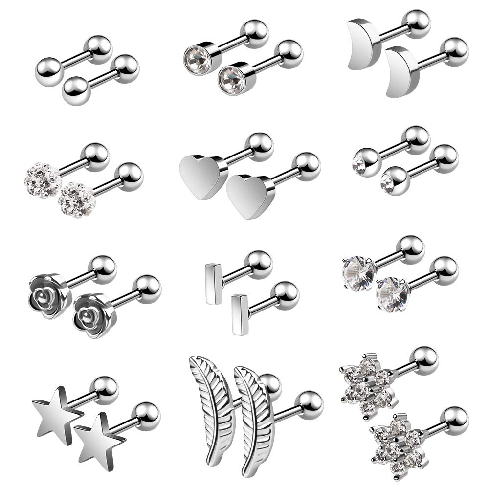 Cartilage Earrings, 12 Pairs of Tragus Earrings Have 12 Different Shapes and Cartilage Tragus Earring for Men and Women, Ear Piercing Earring Easy to Wear, Stainless Steel