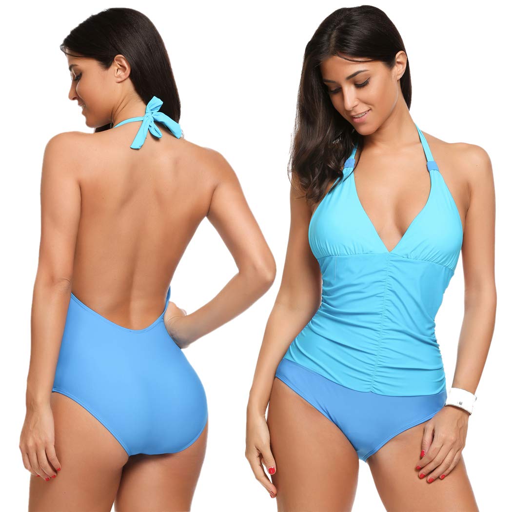 wearella Sexy Women\'s Tummy Control Swimwear One Piece Halter Bathing Suit Light Blue