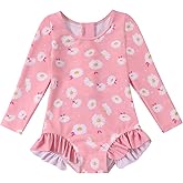 Valcatch Toddler Girls Swimsuit UPF 50+ Long Sleeve Rash Guard One Piece with Ruffle Zipper Baby Bathing Suit for Beach Pool