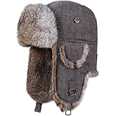 Fur Winter Trapper Hat,100% Rabbit Fur Aviator Ski Trapper Trooper Pilot Hat,Snow Eskimo Hat with Ear Flaps for Men & Women