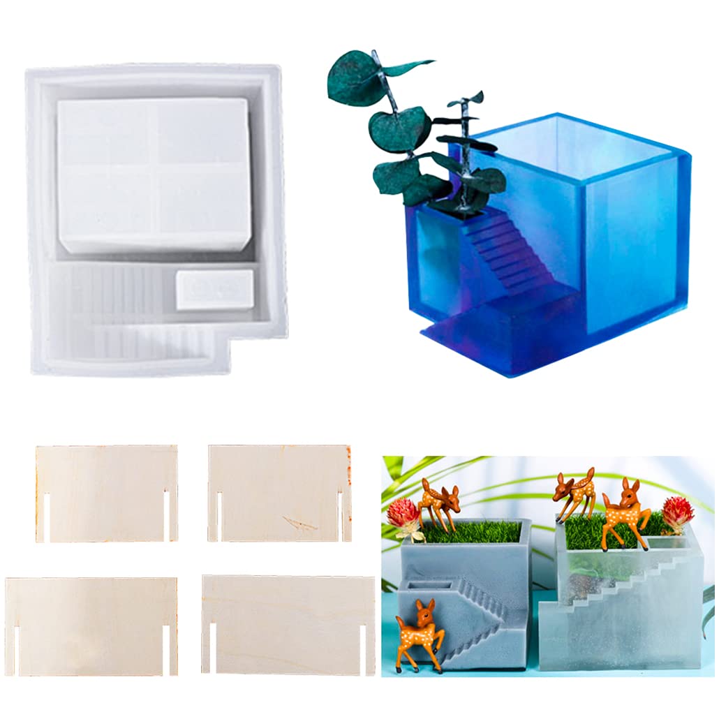 KyeeaDIY Silicone Resin Mould, Stairs Silicone Mould for Plant Pots, Succulents Loger Plant Pot Resin Mould for Flower Pots, Candle Holder (Small Mould)