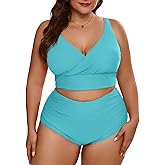 Eytino Womens Plus Size Bikini Sets High Waisted V Neck Bahting Suits Two Piece Color Block Swimsuits(1X-5X)