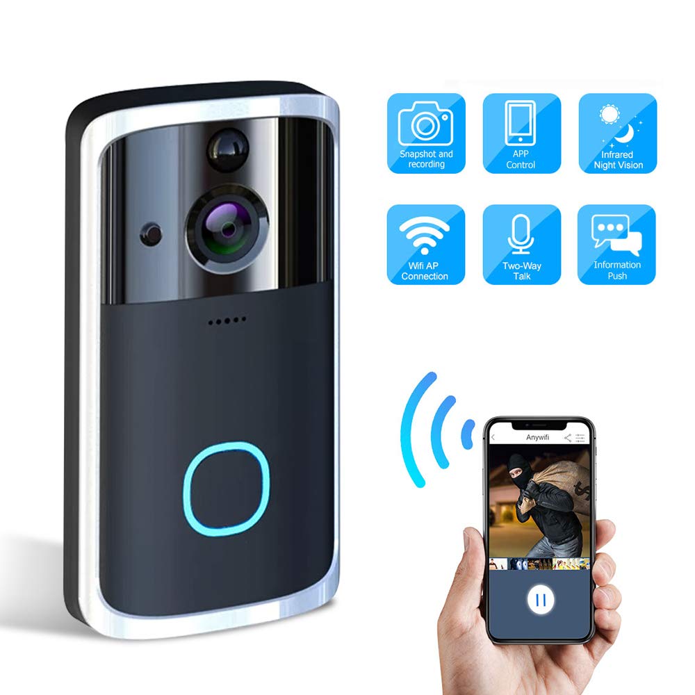 Wireless WiFi Video Doorbell 1080P HD 166°Wide-Angle Lens WiFi Smart Video Phone Door Visual Ring Home Security Camera with Real-time Two-Way Intercom Night Vision Automatic Backlight Compensation