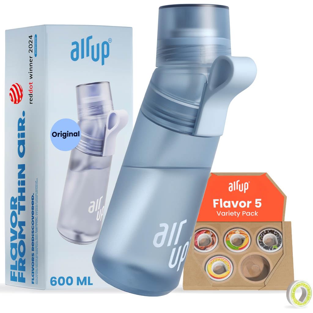 AIR UP Original water bottle Twist Pro starter set with pods in 5 flavours I 600ml drinking bottle with sugar-free flavouring I dishwasher-safe, BPA-free in blue