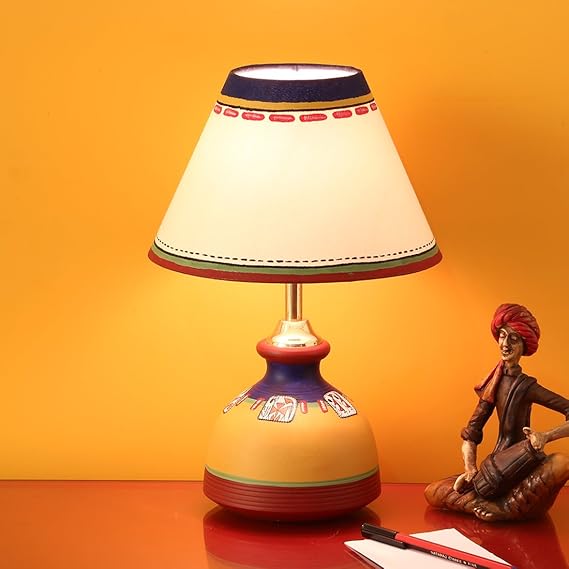 ExclusiveLane Warli In Light Hand-Painted Flat Matki Shaped Table Lamp In Terracotta - Indoor Lighting Decorative Gift Bedside Table Lamps for Living Room for Bedroom Modern Table Lamps Night Lamps Table Lamps For Bedroom For Study Table Home Decoration