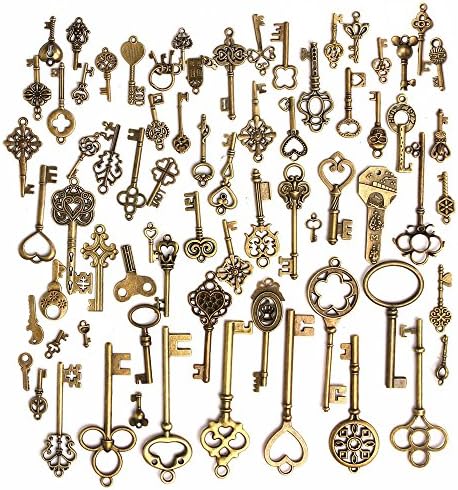 Focushop 70pcs Different Antique Vintage Bronze Skeleton Key Charm Perfect Set DIY Bag Necklace Costumes Bracelet Pendant Making Accessories(70pcs Set)
