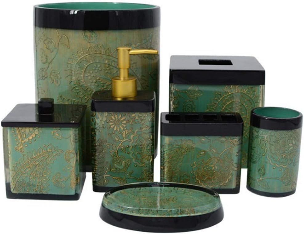 WEATLY Creative 7 Piece Bathroom Ensemble Accessory Set Resin European Style Bath Accessories Bath Set Lotion Bottles, Toothbrush Holder, Tumbler, Soap Dish,Paper Facial Tissue Box, Trash Can And Cott
