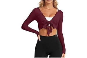 Women's Deep V Neck Long Sleeve Tie Front Knot Sexy Wrap Crop Top Blouses Workout Cardigan Pilates Yoga Active Shirts