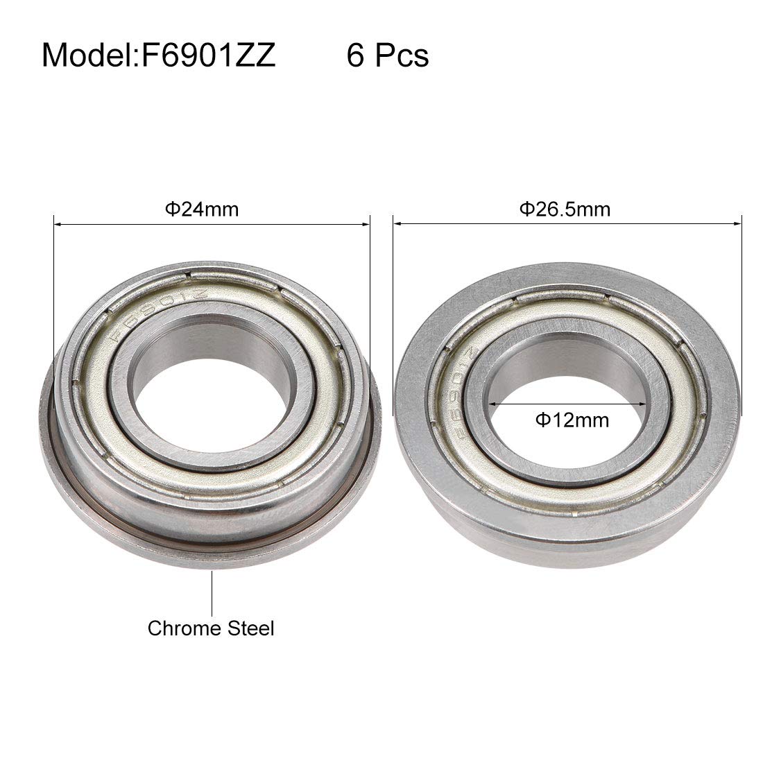 sourcing map F6901ZZ Flanged Ball Bearing 12x24x6mm Shielded Chrome Steel Flange Rip Bearings 6pcs, F684ZZ (5Qty) - Image 3