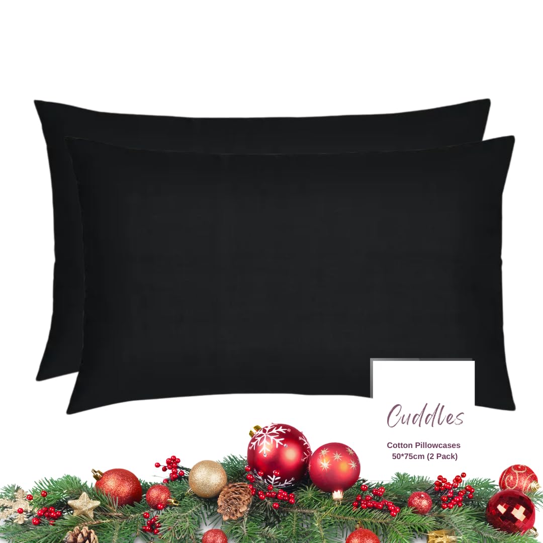 Cuddles Pillowcases 2 Pack 100% Egyptian Cotton 500 Thread Count Pillow cases, Breathable, Soft & Easy Care Envelope Closure Standard Size Pillow cases- 50x75 cm (Black)
