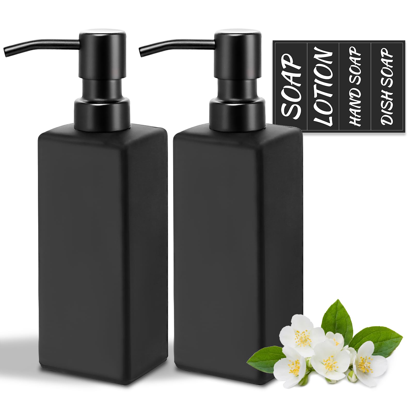 MIUSITE Black Soap Dispenser, Frosted Black Hand Wash Soap Dispenser for Kitchen Bathroom, 350ml Stylish Square Glass Refillable Dish Soap Dispensers with Stainless Pump and Stickers - 2 Pack