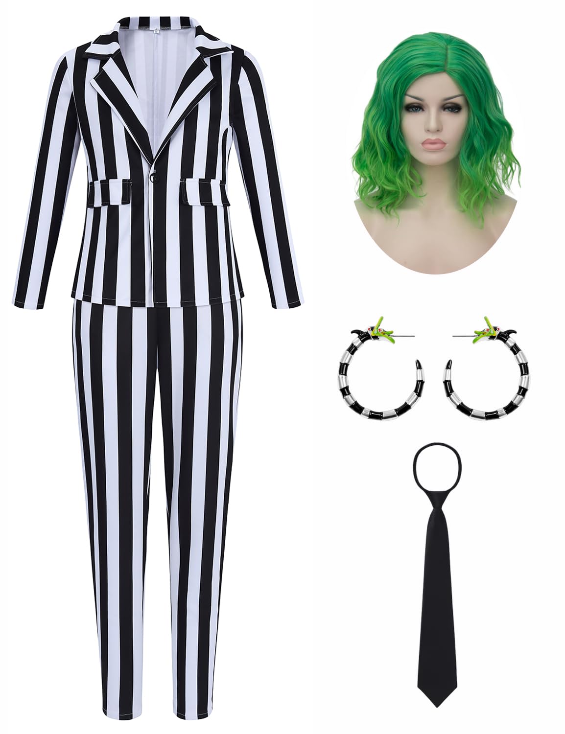 Photo 1 of Adult Black and White Striped Suit for Women Horror Movie Character Cosplay Outfit Halloween Costumes Striped Blazer with Pants Tie Shirt Wig Earrings—LARGE