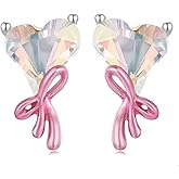 Heart Stud Earrings Color Glass Heart Pink Bow Silver Earrings for Women