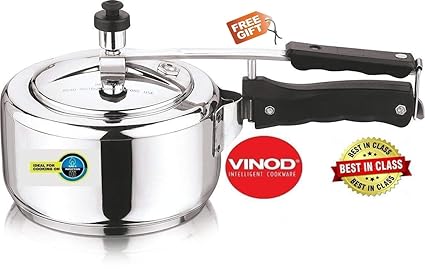 Vinod Cookware 18/8 Stainless Steel Induction Friendly Sandwhich Bottom 3 Litre Inner Lid Pressure Cooker (Free Kitchen Towel)