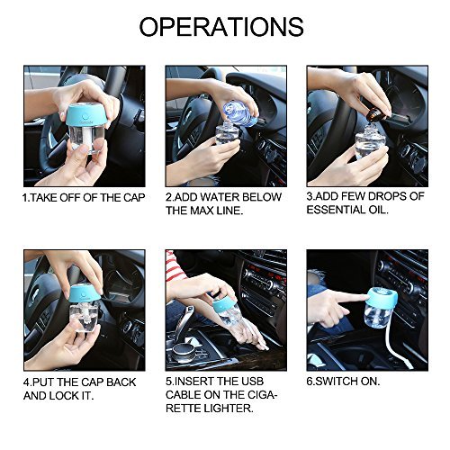 USB Car Diffuser, Homecube Ultrasonic Cool Mist Humidifier Car Air Freshener with 360°Rotation Micro Cable and 7 Color LED Lights for Office Home Vehicle Travel (blue)