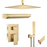 VANFOXLE Shower Faucet Set Brushed Gold Shower System,Four Modes Shower Faucet with 2 in 1 Handheld,Ceiling Mount 12 Inch Shower Head with 14 * 7 Inch Shoulder-Mounted Shower Massager