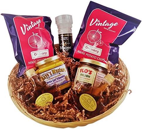 Best of Maine 7 Piece Gourmet Gift Basket - Flo's Hot Dog Relish, Raye's Mustard, Maine Sea Salt, Organic Maine Maple Syrup and Vintage Maine Potato Chips