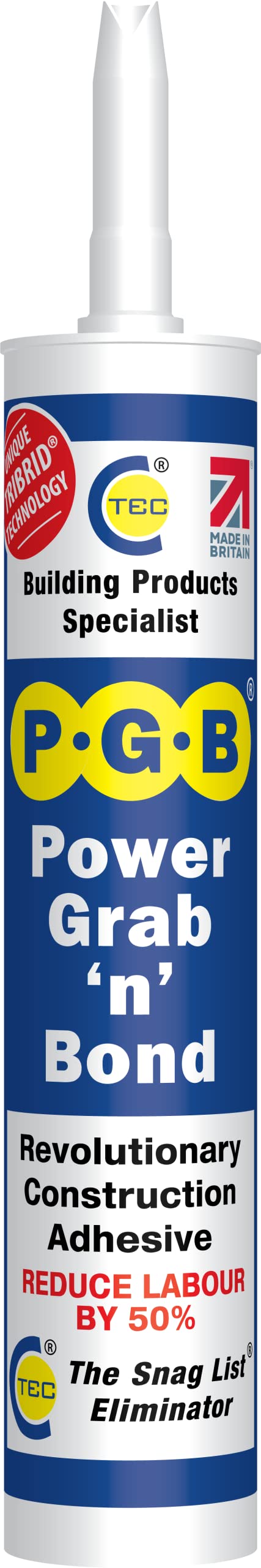 PGB Power Grab n Bond TRIBRID Technology Contact Adhesive - Strong Construction Bonding - Glass, Mirror & Tile Adhesive - Cartridge - Grey - 290ml