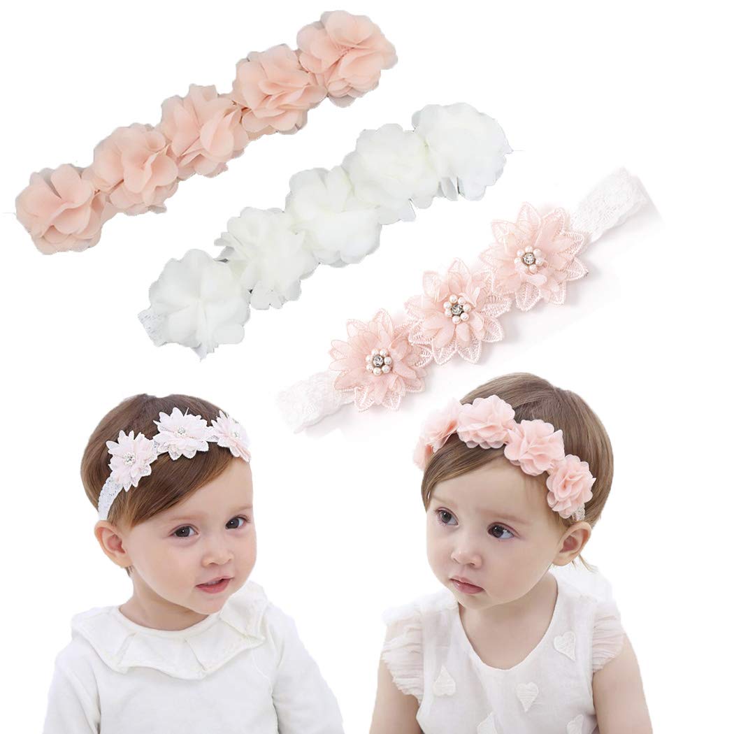 IYOU Baby girls Floral Headbands with Grosgrain Ribbon Faux Leather Stars for Kids as Party Wedding Photography hair Accessories(pack of 3)