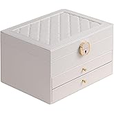 GUOER Jewelry Box for Women Girl Wife 3 Layers Large PU Leather Jewelry Organizer Storage Case with Two drawers Display for Earrings Bracelets Rings Watches (White)