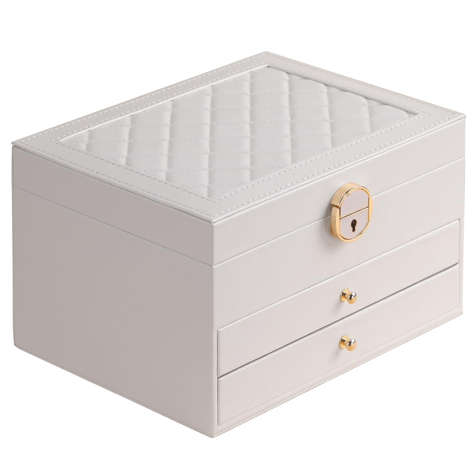 Photo 1 of (USED/FAIR) (BAGGED) GUOER Jewelry Box for Women Girl Wife 3 Layers Large PU Leather Jewelry Organizer Storage Case with Two drawers Display for Earrings Bracelets Rings Watches (White)