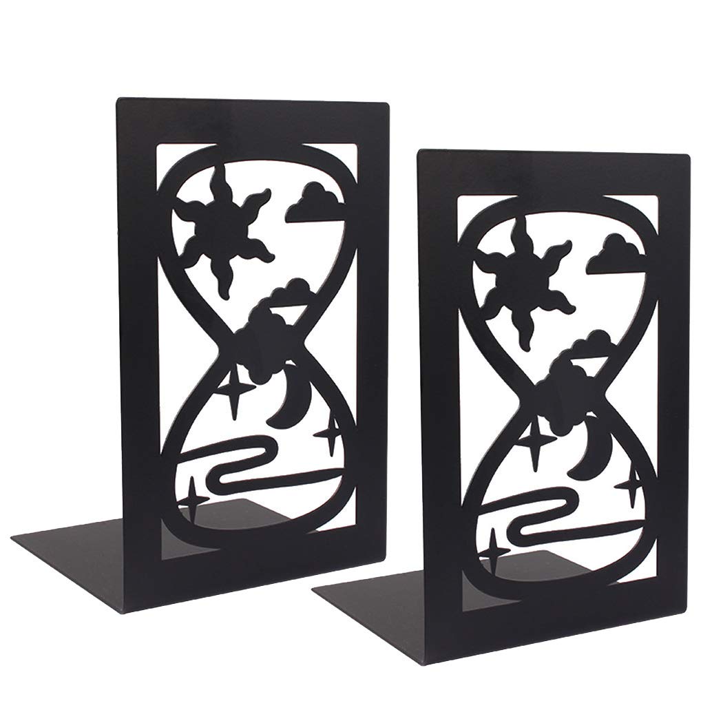 SIPLIV Minimalist Style Bookends Metal Adjustable Non Skid Books Holder Stand Book Rack Desk Bookends for School, Library, Home or Office - Hourglass (Black, 1 Pair)