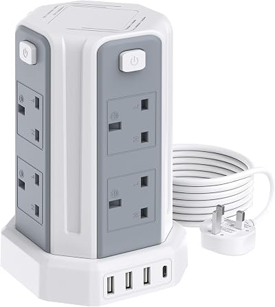 Sameriver 13A 3250W Tower Extension Lead 8 Outlets 4 USB Ports 2M