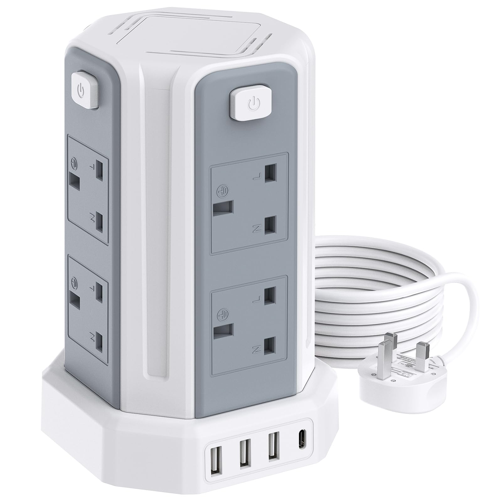 Tower Extension Lead (13A 3250W) 4 USB Ports and 8 Way Extension Tower, Surge Protection Extension Lead with 4 Independent Control Switch, Extension Cable 2M for Home, Office, Kitchen