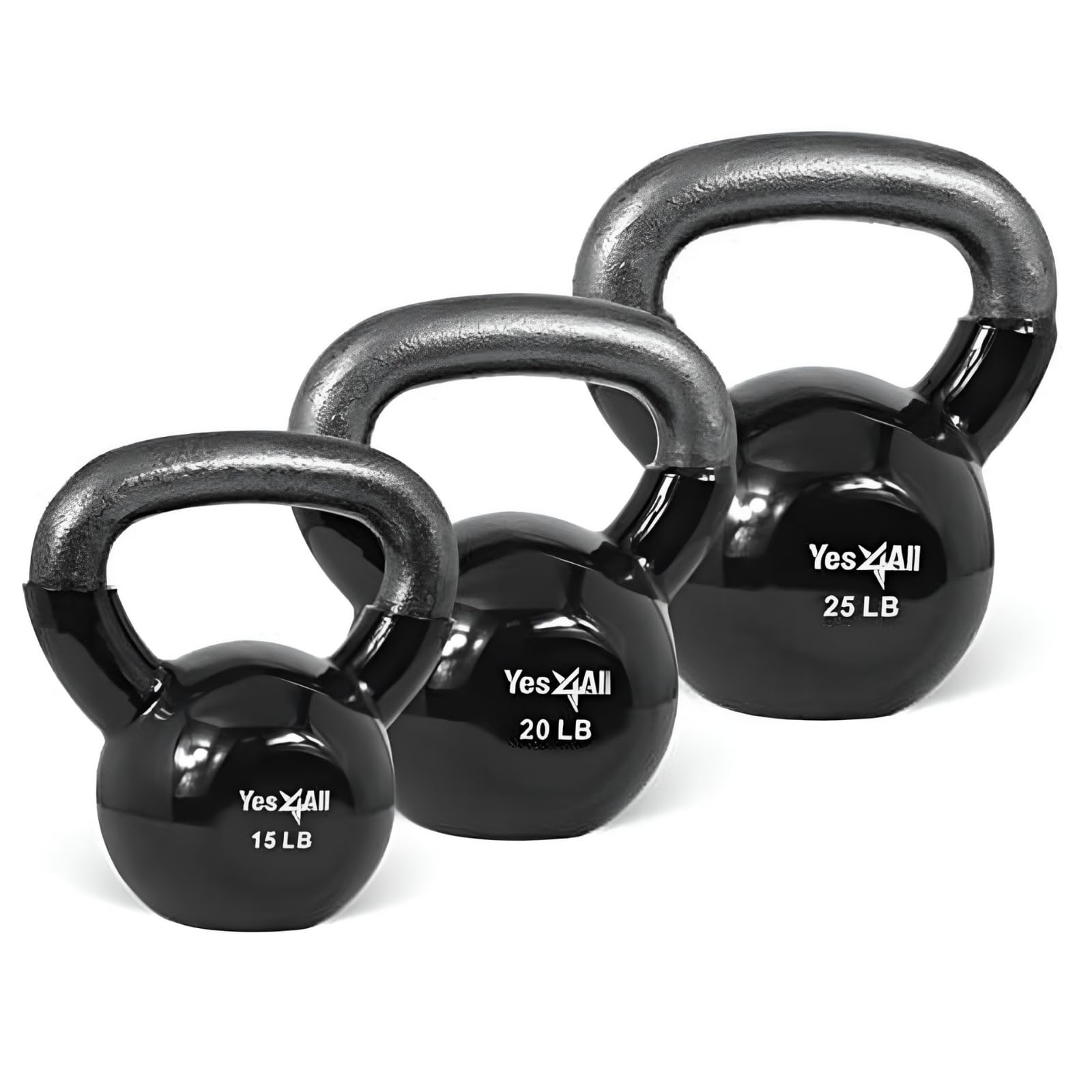 Yes4All Kettlebells 15 20 25 lbs Set Weight Vinyl Coated Cast Iron for Dumbbell Weights Exercises, Gym, Fitness, Full Body Workout Equipment Push up, Grip and Strength Training, Black