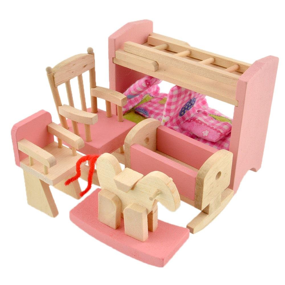 Wooden Doll House Furniture Set,Miniature Bathroom/Kid Room/Kitchen House Nursery House Furniture Dollhouse Decoration Accessories for Kids Toddlers Children Pretend Role Play Toy By Peradix(Bunk Bed)