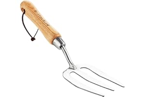 Berry&Bird Gardening Hand Fork, Stainless Steel Hand Weed Fork, Traditional Garden Hand Fork Tool with Ergonomic Ash Wood Handle for Weeding, Digging, Planting and Cultivating
