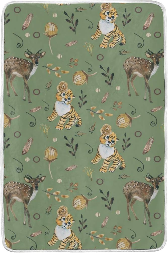 Home Soft Blanket Tiger Sika Deer Leaves Green Background Warm Lightweight Throw Blanket for Couch Sofa Bed 60"x90"