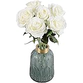 IPOPU 6PCS White Silk Lop-Sided Rose Artificial Flower with Long Stem Fake Leaf Roses, Artificial Long Stem Fake Roses Suitable for DIY Wedding, Home Decoration and Outdoor Party.