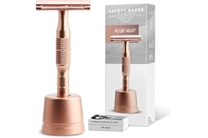 BULIMICA Double Edge Safety Razor With Stand, Single Blade Razors for Men and Women, Reusable Metal Razors, with 10 Platinum Coated Safety Razor Blades, Face Razors for Men Shaving, Sustainable, Rose Gold