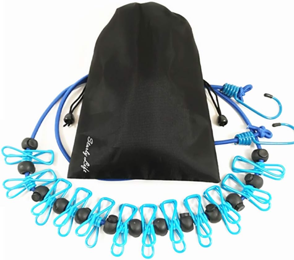 Adjustable Elastic Clothesline with Clips and Positioning Balls Portable Retractable Windproof Laundry Hanging Rope Anti-Skid Washing Line with Drawstring Bag (Light Blue)