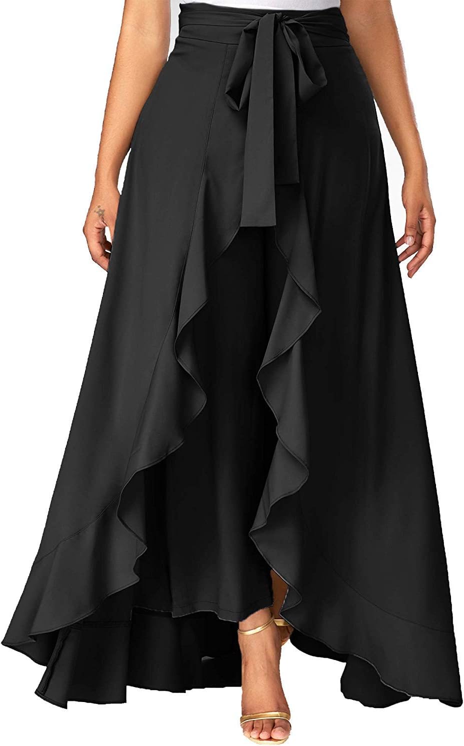 SBJ COLLECTIONS Women' Ruffle Pants Split High Waist Maxi Long Crepe Palazzo Overlay Pant Skirt