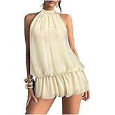 Floerns Women's Y2k Summer Halter Dress Tie Open Back Sleeveless Ruffle Hem Bubble Going Out Mini Dresses