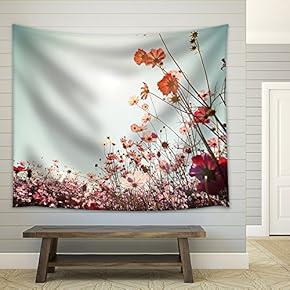 Vintage Landscape Nature Background of Beautiful Cosmos Flower Field on Sky with Sunlight - Fabric Wall Tapestry Home Decor - 51x60 inches