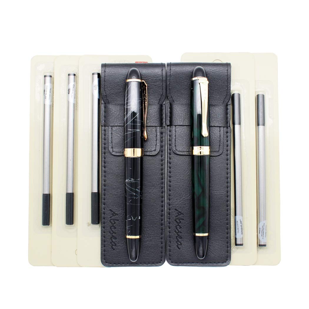 Abcsea 2-Piece Jinhao 450 Rollerball Fine Point Black Pens, Medium, Fine Point Fineliner (Dark Green, White Wire), with 5 Pieces 0.5mm Standard Rollerball Pen Refills Black