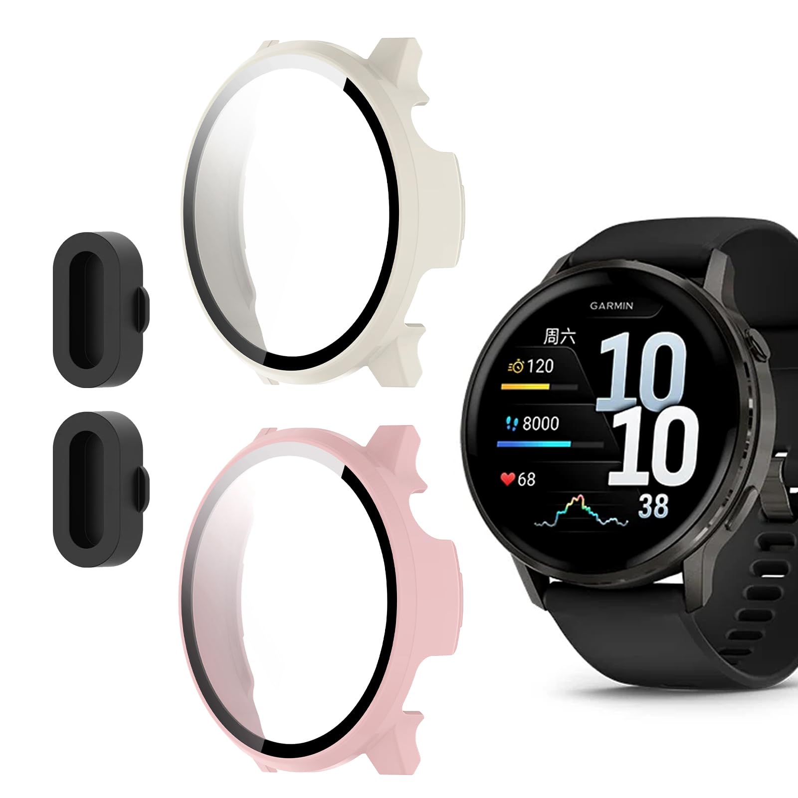 2 Pack for Garmin Venu 4 45mm Smartwatch Screen Protector Case, Full Coverage HD Ultra-thin Scratch Resistant Case, Charge Dust Plug + Hard PC Protective with Built-in Tempered Film (Pink + White)