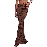 WDIRARA Women's Lace Bodycon Maxi Skirts Party Evening Sheer Ruffle Fishtail Skirts
