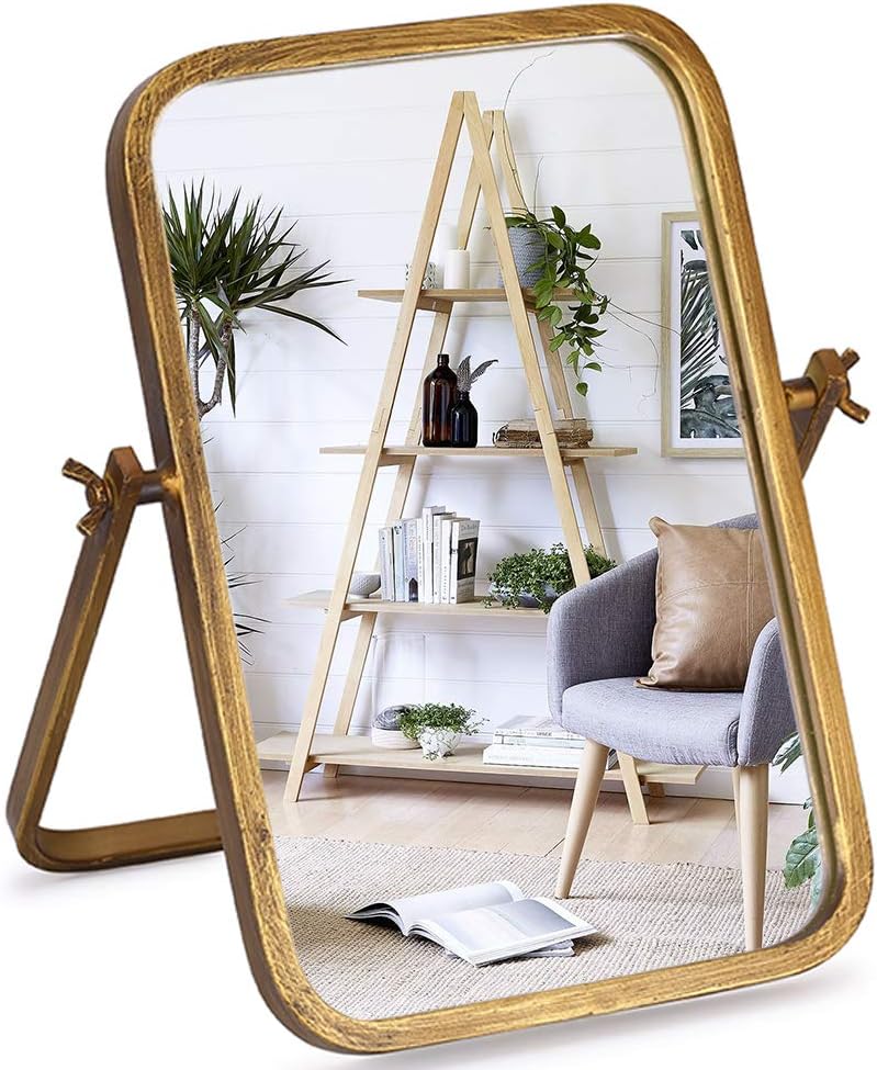 Geloo Vintage Vanity Mirrors Decor - Desk Makeup Antique Mirrors 360 Adjustable Rotation,Golden Metal Framed 10" Small Standing Mirror, for Tabletop Decor, Office, Bedroom, Bathroom, Living Room: Furniture & Decor