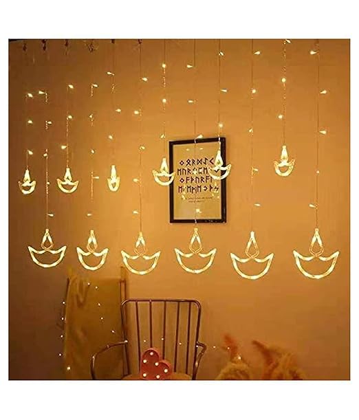 DesiDiya Warm White Diya/Diwali Light Curtain, String Lights with 12 Hanging Diyas, 8 Flashing