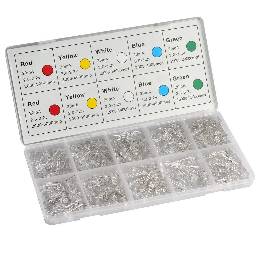 DiCUNO 800pcs 3mm Light Emitting Diode LED Lamp Assorted Kit White Red Yellow Green Blue Yellow Round Head Lights(5 Colors x 160pcs)