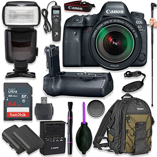 Canon-EOS-6D-Mark-II-DSLR-with-EF-24-105mm-f35-56-IS-STM-Lens-with-Pro-Camera-Battery-Grip-Professional-TTL-Flash-Deluxe-Backpack-200EG-Spare-LP-E6-Battery-17-items