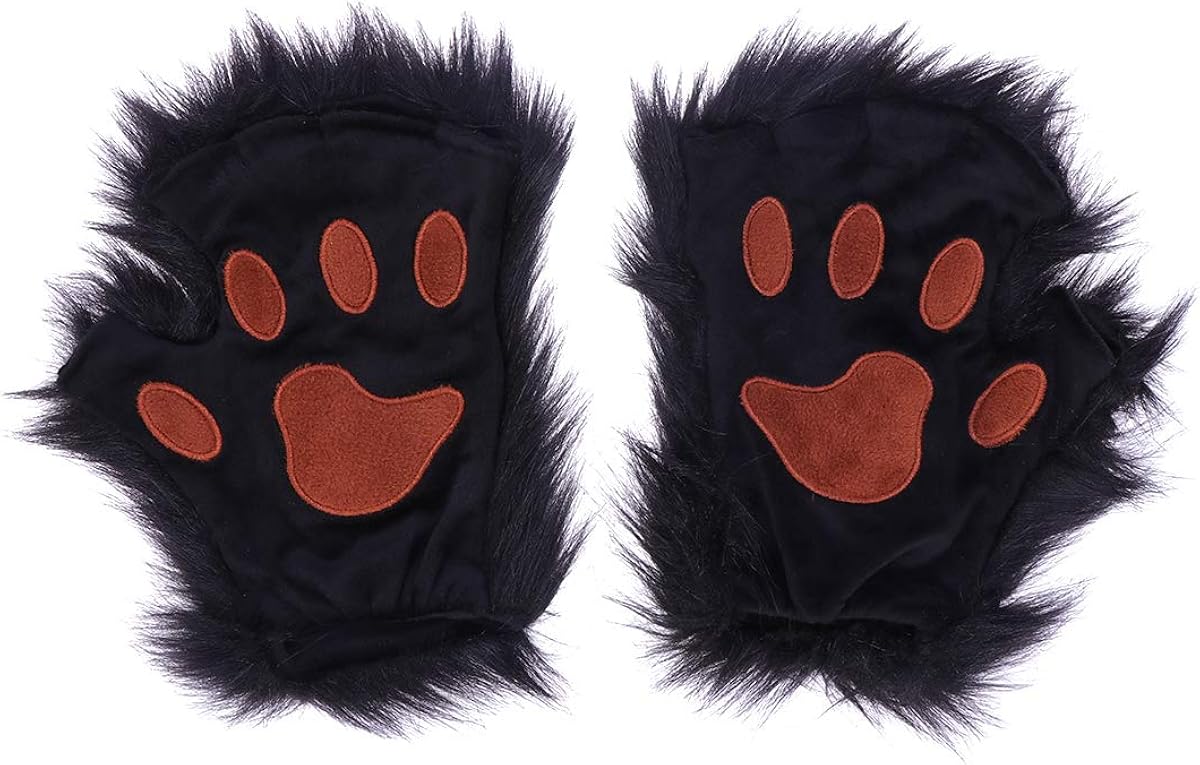 Amosfun Bear Cat Kitten Paw Fingerless Plush Gloves Black Halloween